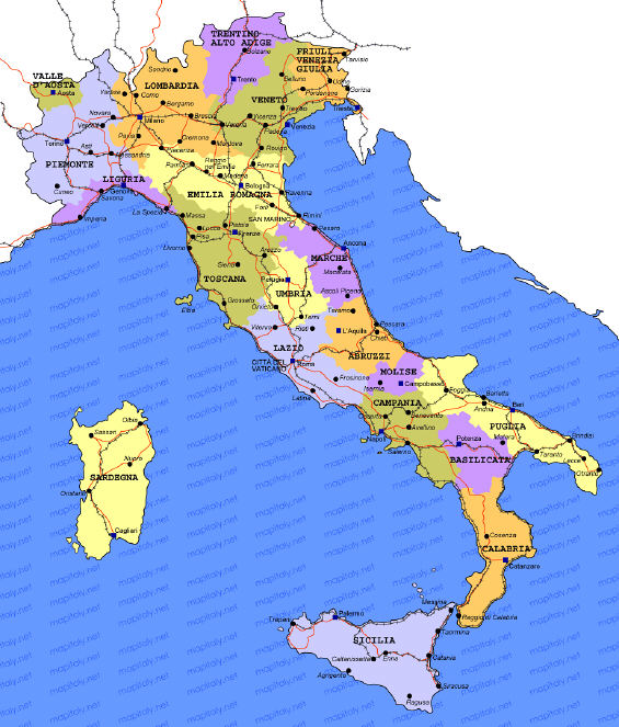 Map of Italy showing its regions and major cities