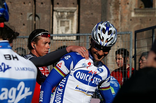 Tom Boonen and Leif Hoste, at the start of Milano-Sanremo in Milan, March 2008