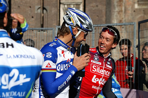 Tom Boonen and Leif Hoste, at the start of Milano-Sanremo in Milan, March 2008