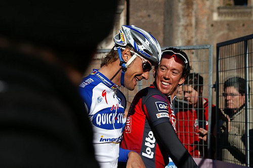 Tom Boonen and Leif Hoste, at the start of Milano-Sanremo in Milan, March 2008