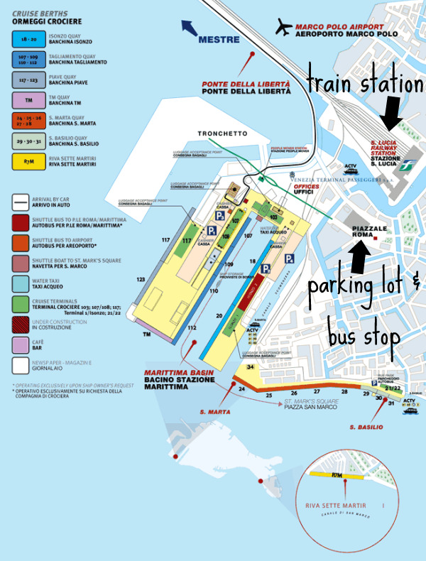 venice_cruiseport_notes Annotated map of the Venice cruise terminals, Piazzale Roma and the train station