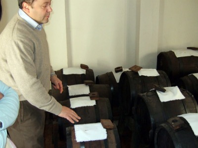 A guide explaining barrels on an acetaia tour