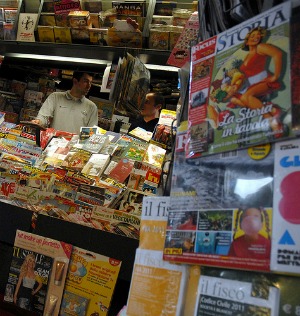 Italian newsstand with comic books on display