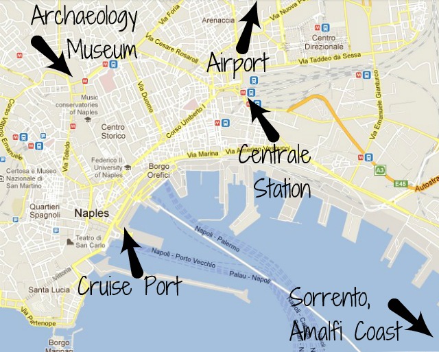 Map of Naples showing the cruise port, the main train station and the archaeology museum